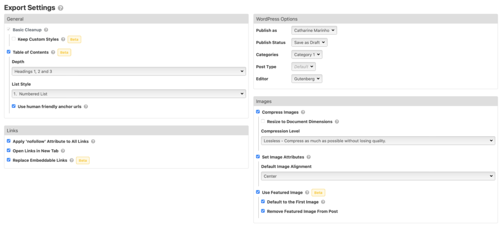 Manual WordPress export options in Wordable